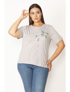 Şans Women's Plus Size Gray Cotton Fabric Front Printed Short Sleeve Blouse