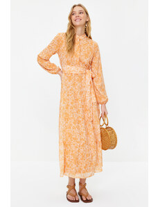 Trendyol Light Orange Patterned Belted High Neck Lined Chiffon Woven Dress