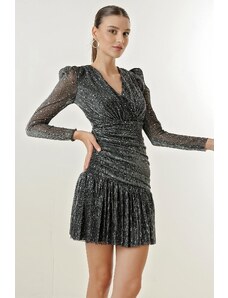 By Saygı Double Breasted Collar Lined Sequin Glittery Tulle Dress