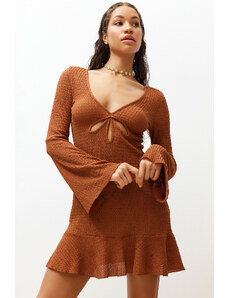 Trendyol Brown Fitted Mini Knitted Frilly Beach Dress