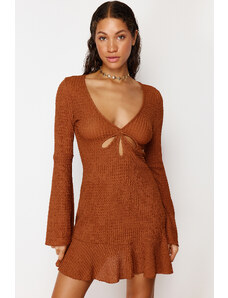 Trendyol Brown Fitted Mini Knitted Frilly Beach Dress