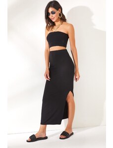 Olalook Women's Black Top Strapless Bottom Slit Skirt Set