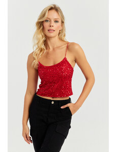 Cool & Sexy Women's Red Rope Strap Sequined Crop Blouse