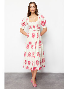 Trendyol Pink Patterned Square Neck Linen Look Belted Midi Woven Dress