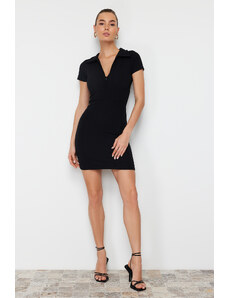 Trendyol Black Fitted Short Sleeve Zipper Collar Stretchy Knitted Mini Dress