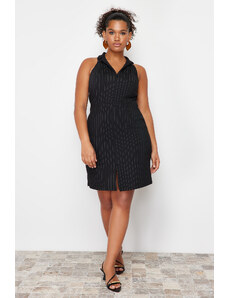 Trendyol Curve Black Polo Collar Striped Mini Knitted Dress