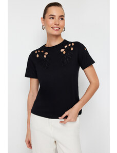 Trendyol Black Brode Embroidered Basic/Regular Fit Knitted T-Shirt