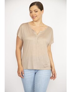 Şans Women's Plus Size Mink V-Neck Low Sleeve Blouse