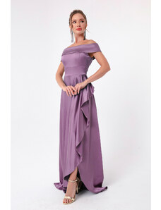 Lafaba Women's Lavender Boat Neck Satin Evening Dress & Prom Dress