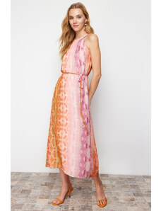 Trendyol Pink Abstract Pattern Straight Cut Chiffon Lined Maxi Woven Dress