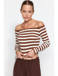 Trendyol Brown Soft Fabric Striped Carmen Collar Fitted/Slippery Knitted Blouse