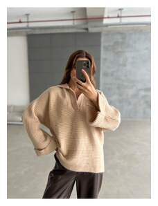 Laluvia Beige Self-Sleeve Plaid Sweater