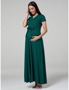 Happy Mama Dlouhé těhotenské a kojící šaty 3v1 Shine tmavě zelené