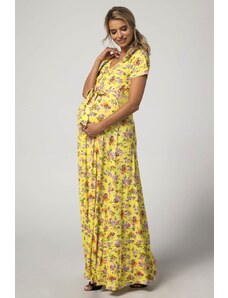 Happy Mama Dlouhé těhotenské a kojící šaty 3v1 Shine zářivě žluté květinové