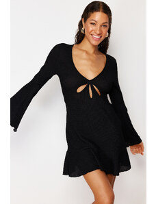 Trendyol Black Fitted Mini Knitted Frilly Beach Dress