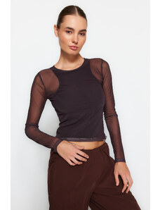 Trendyol Brown Tulle Fitted/Sliding Lined Knitted Blouse