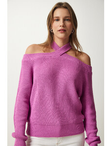 Happiness İstanbul Women's Lilac Open Shoulders Knitwear Sweater