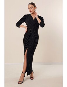 By Saygı With a Belted Waistline, Lycra Dress With Smocked Lined Sleeves Wide Size Range, Black.