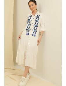 By Saygı Oversize Viscose Long Dress with Front Buttoned Charm Embroidered Sleeve Fold