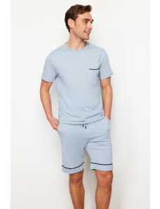 Trendyol Blue Regular Fit Piping Knitted Pajamas Set