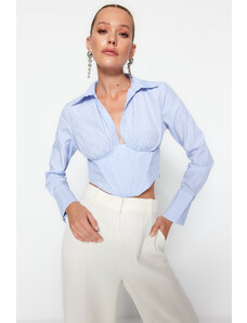 Trendyol Blue White Striped Corset Detailed Poplin Shirt