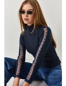 armonika Women's Dark Navy Blue Neck Sleeve Lace Detail Knitwear Sweater