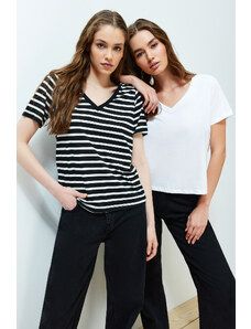 Trendyol Black-White 2-Pack 100% Cotton V-Neck Knitted T-Shirt