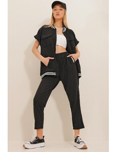 Trend Alaçatı Stili Women's Black Four Pockets Ribbed Double Sleeve Jacket And Pants Suit