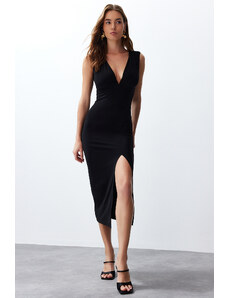 Trendyol Black V-Neck Gathered Slit Stretchy Fitted Knitted Midi Dress