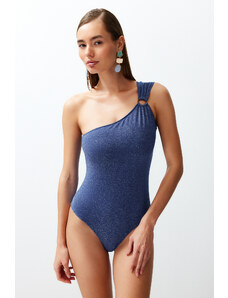 Trendyol Navy Blue Single Shoulder Glitter Regular Swimsuit with Accessories