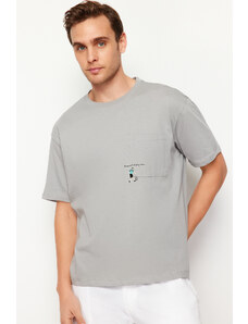 Trendyol Gray Relaxed/Casual Fit Pocket Embroidered 100% Cotton T-Shirt