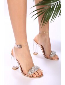 Shoeberry Women's Vinto Rose Heeled Shoes with Transparent Stones.