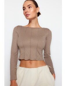 Trendyol Beige Stitching Detail Carmen Collar Fitted/Situated Ribbon Knitted Blouse