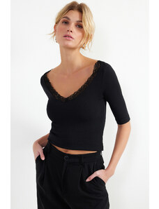 Trendyol Black Lace Detailed V Neck Fitted Cotton Stretchy Knitted Knitted Blouse