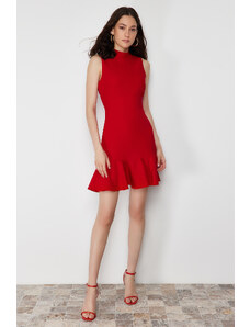 Trendyol Red Fitted Skirt Flounce High Neck Mini Sleeveless Woven Dress