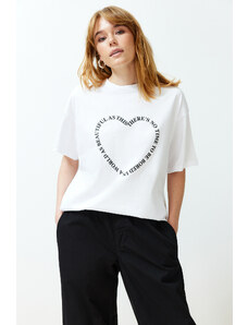 Trendyol White 100% Cotton Heart Motto Printed Oversize/Casual Fit Knitted T-Shirt