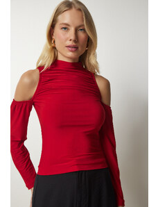 Happiness İstanbul Women's Red Open Shoulder Detailed Knitted Blouse