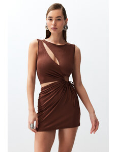 Trendyol Brown Fitted Mini Knitted Cut Out/Window Beach Dress