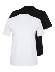 Trendyol Curve White-Black 2-Pack 100% Cotton Basic Stand Collar Knitted T-Shirt