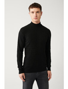Avva Men's Black Knitwear Sweater Half Turtleneck Front Textured Cotton Regular Fit
