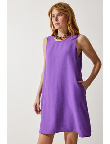 Happiness İstanbul Women's Purple Sleeveless Linen Viscose Bell Dress