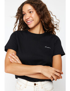 Trendyol Black 100 Cotton Slogan Embroidered Regular Pattern Knitted T-Shirt