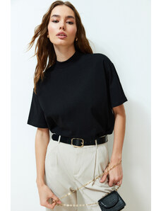 Trendyol Black 100% Cotton Stand Collar Three Quarter Sleeve Knitted T-Shirt