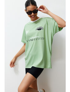 Trendyol Green Oversize Motto Printed Crew Neck Short Sleeve Knitted T-Shirt