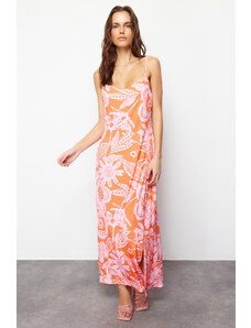 Trendyol Orange Printed A-line/Bell Form Slit Stretchy Knitted Maxi Dress