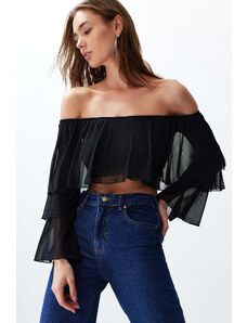 Trendyol Black Ruffle Detail Long Sleeve Lined Crop/Short Knitted Blouse