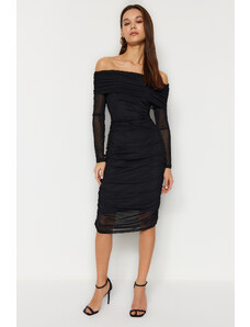 Trendyol Black Carmen Neckline Fitted Tulle Lined Midi Gathered Knitted Dress