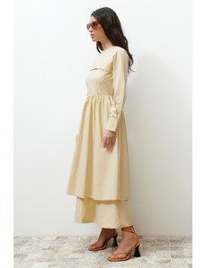 Trendyol Beige Front Detailed Plain Woven Dress