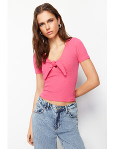 Trendyol Fuchsia Short Sleeve Tie Detailed Sweetheart Neckline Ribbed Stretchy Knitted Blouse