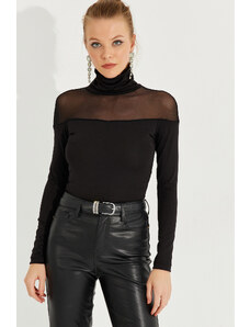Cool & Sexy Women's Black Tulle Detailed Fisherman Blouse